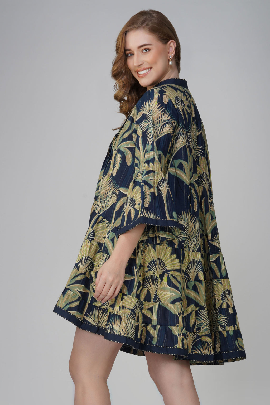 Kajal Palm Tropical Cotton Mini Shirt Dress – back view