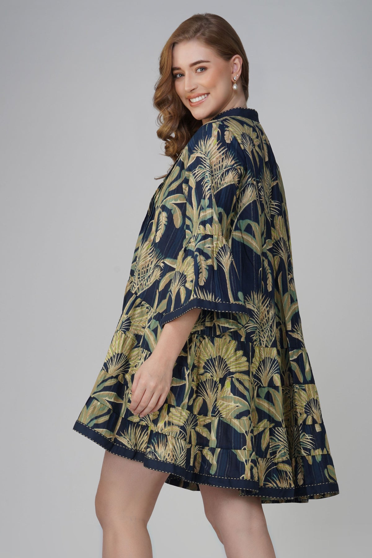 Kajal Palm Tropical Cotton Mini Shirt Dress – back view
