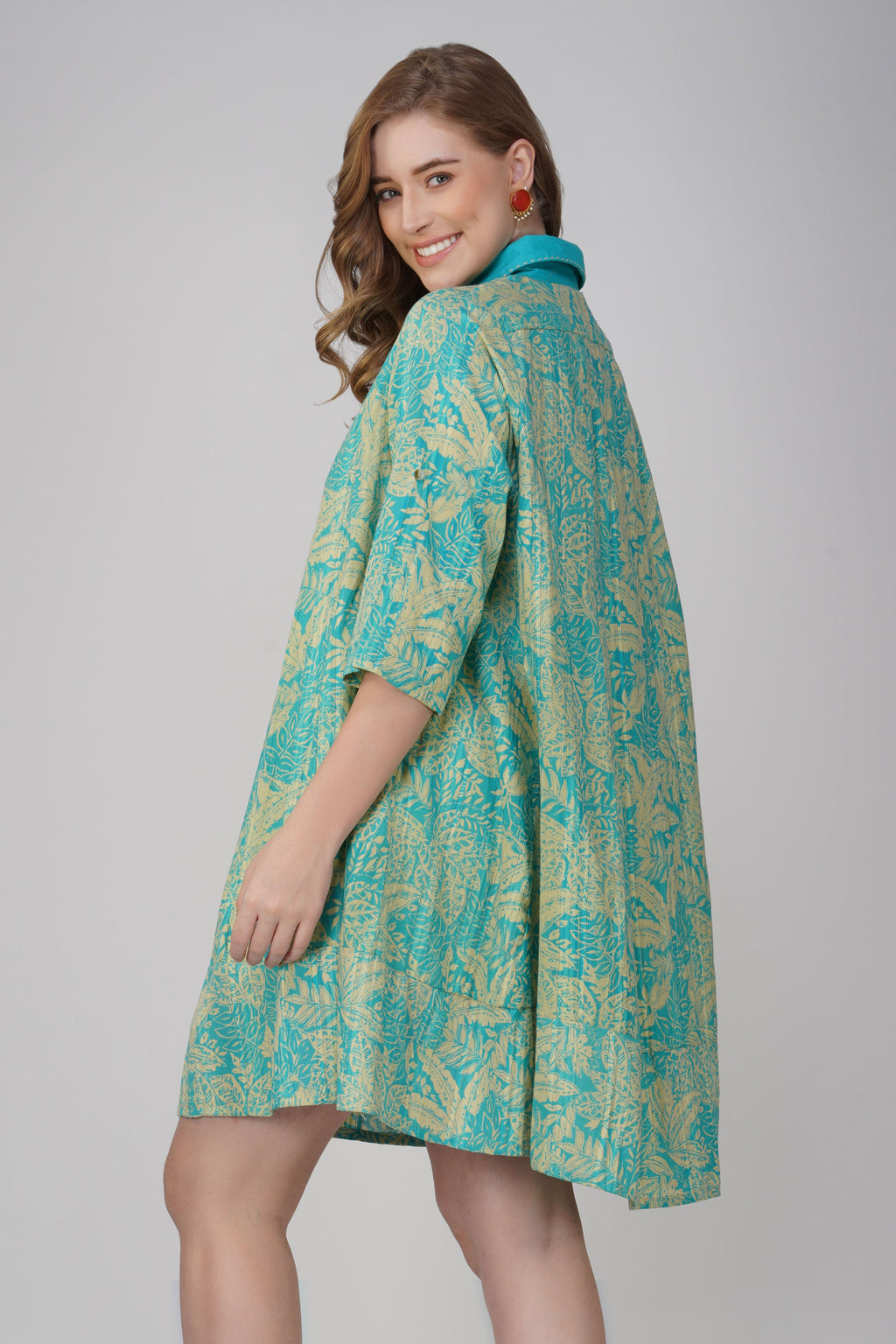 Kriti Aqua Bloom Cotton Maxi Shirt Dress – side view