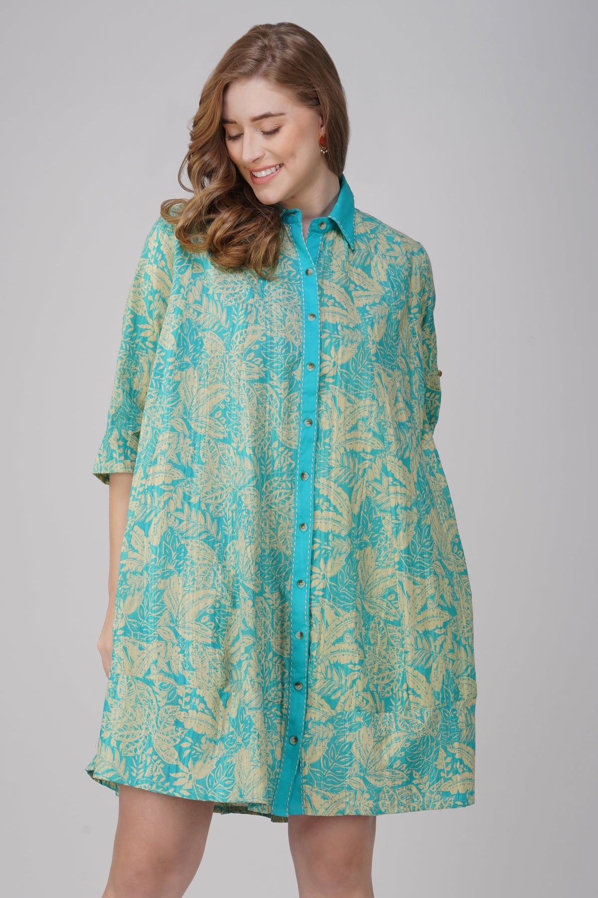 Kriti Aqua Bloom Cotton Maxi Shirt Dress – print detail