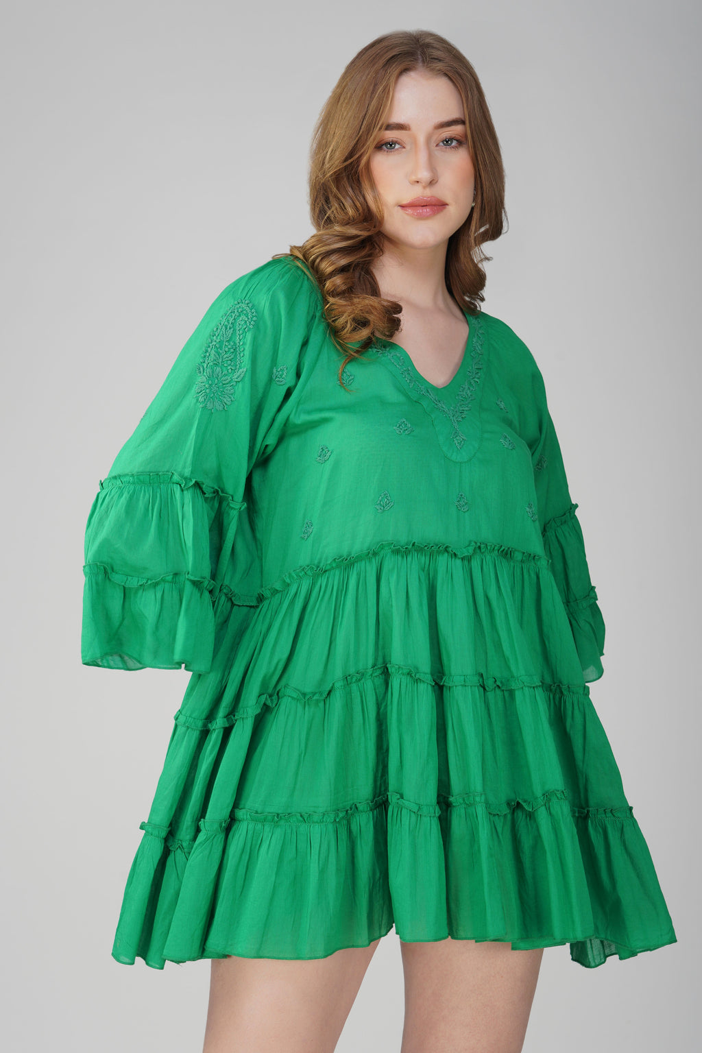 Ira Emerald Tropical Cotton Mini Dress – side view
