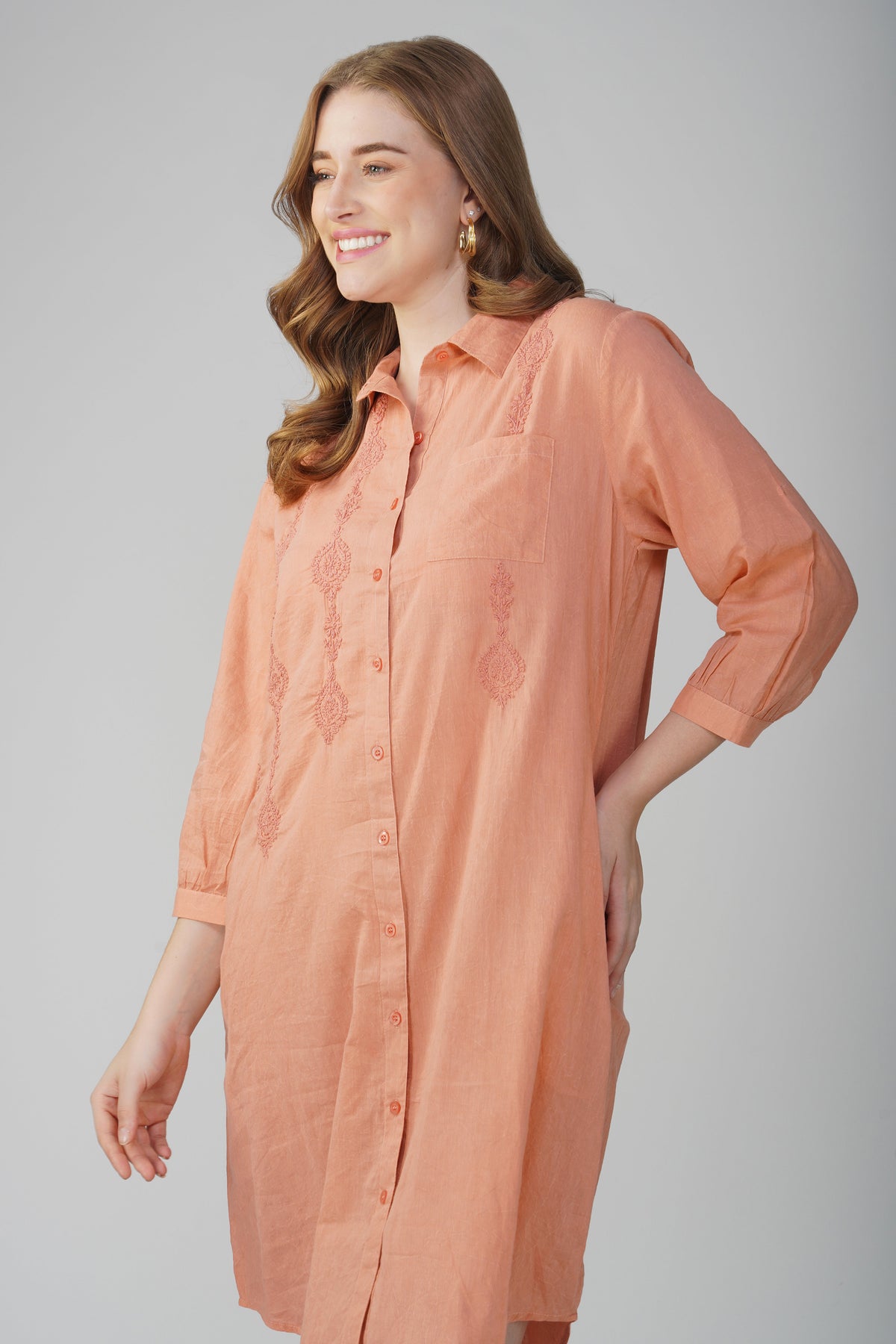 Juhi Peach Embroidered Cotton Maxi Shirt Dress – back view