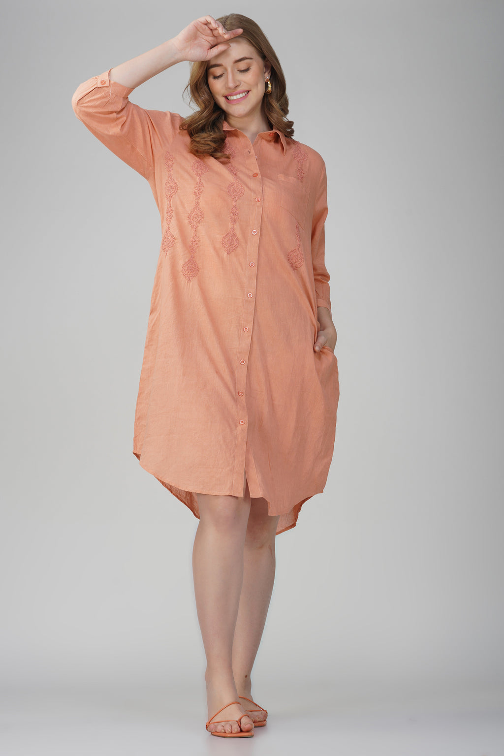 Juhi Peach Embroidered Cotton Maxi Shirt Dress – styled look