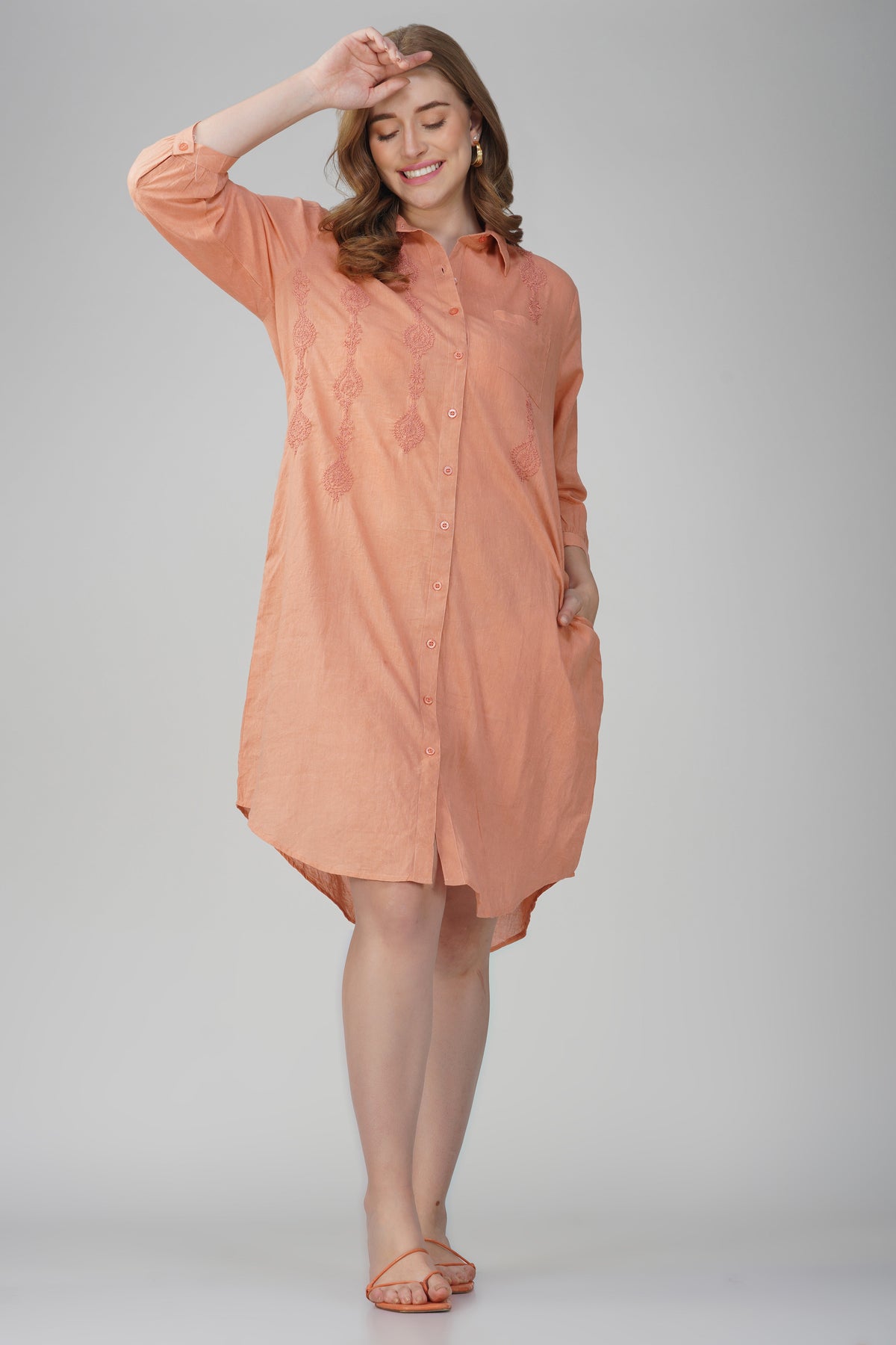 Juhi Peach Embroidered Cotton Maxi Shirt Dress – styled look