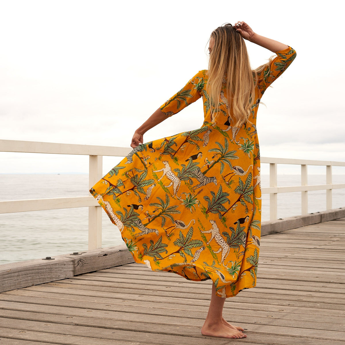 Myra Tropical Jungle Cotton Umbrella Maxi Dress – print detail