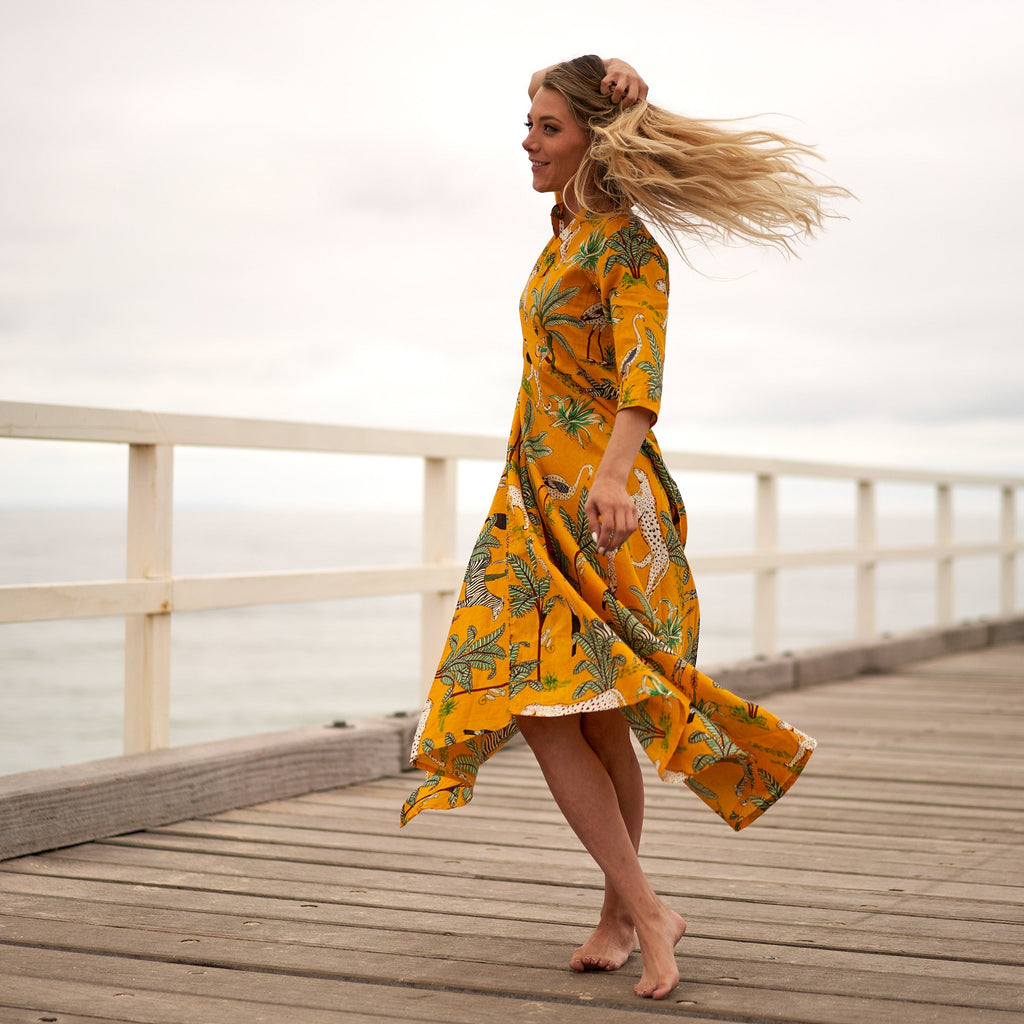 Myra Tropical Jungle Cotton Umbrella Maxi Dress – side view