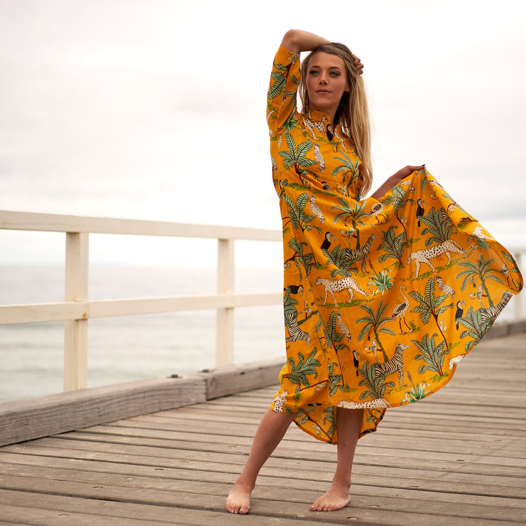 Myra Tropical Jungle Cotton Umbrella Maxi Dress – front view