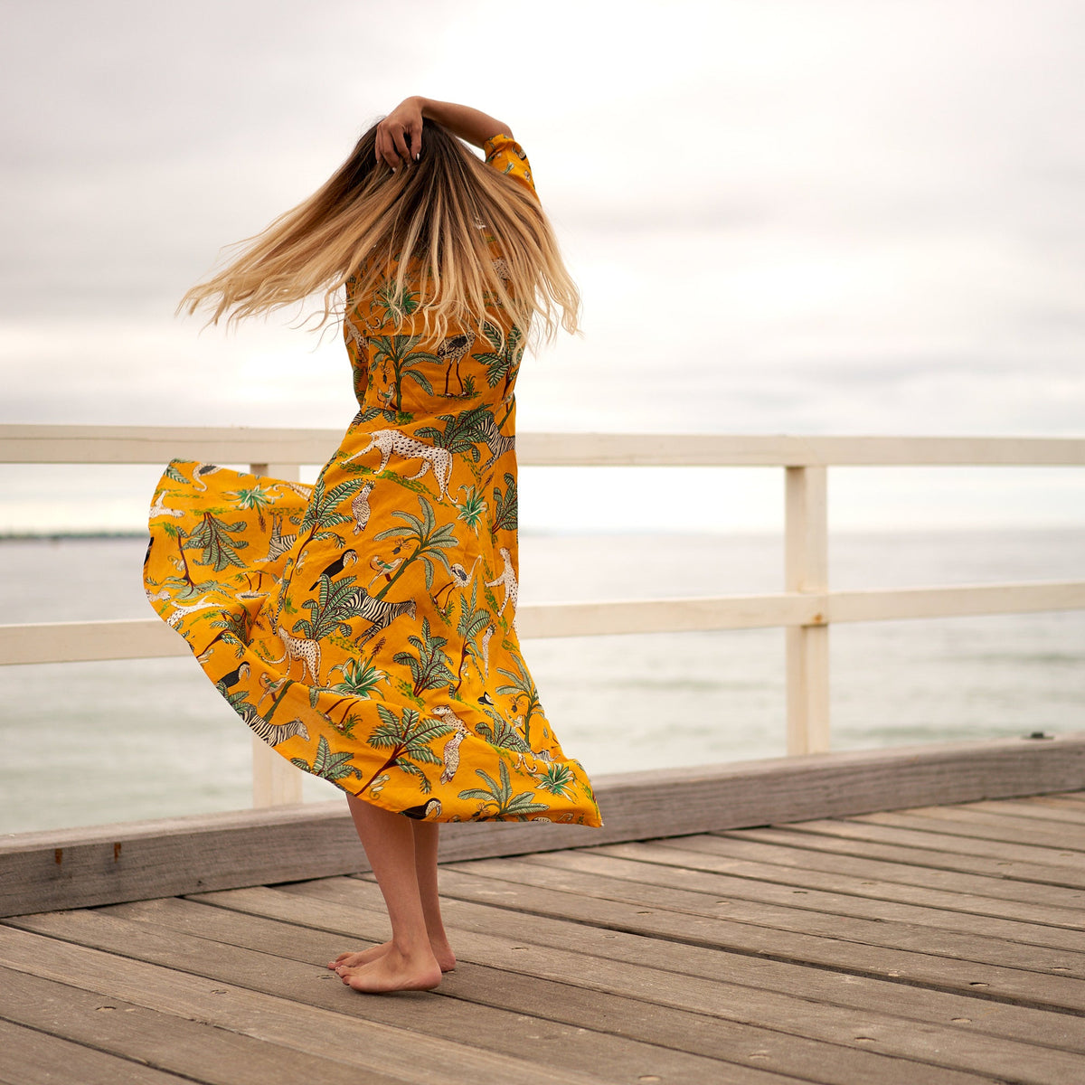 Myra Tropical Jungle Cotton Umbrella Maxi Dress – back view