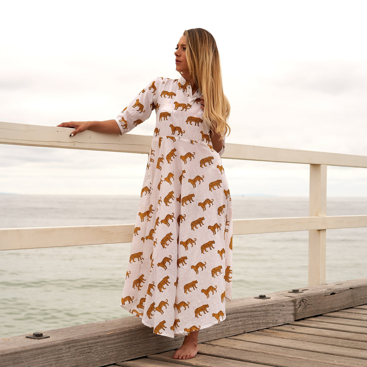 Naina Green Bird Cotton Umbrella Maxi Dress – front view