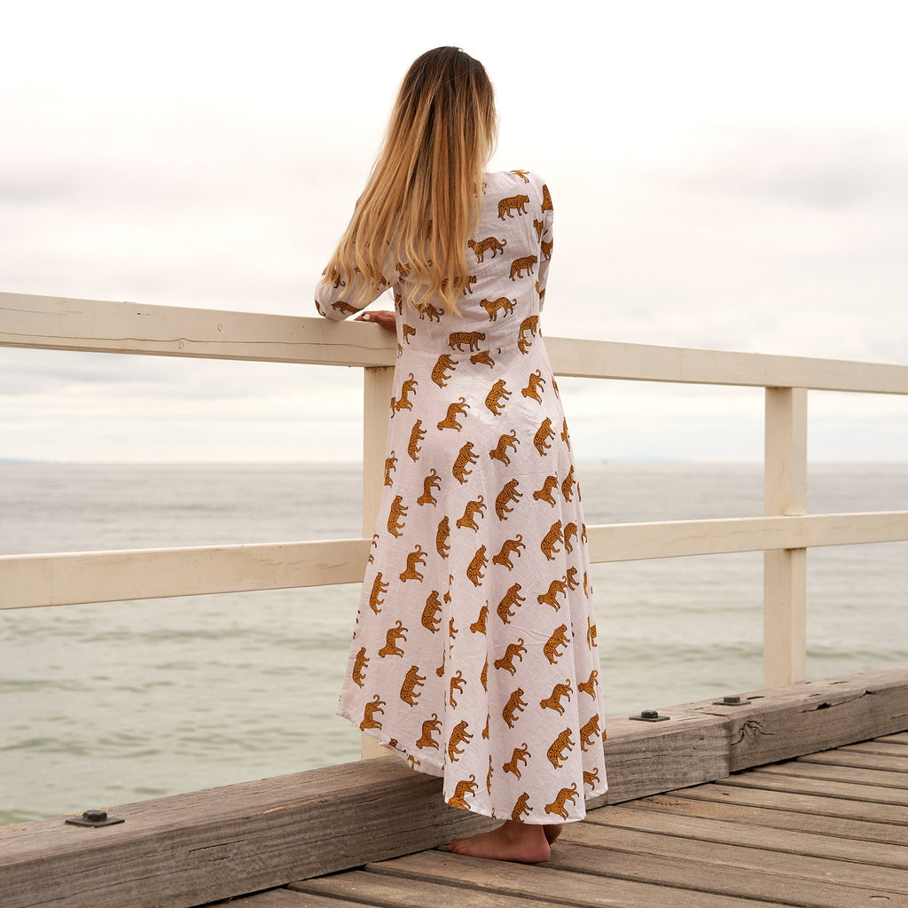 Naina Green Bird Cotton Umbrella Maxi Dress – back view