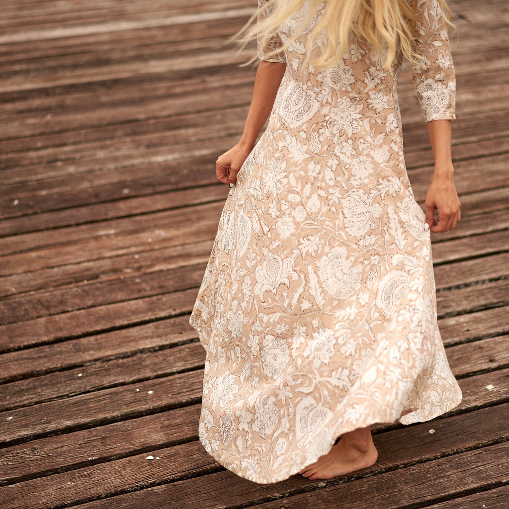 Navya Cream Floral Cotton Umbrella Maxi Dress – side view