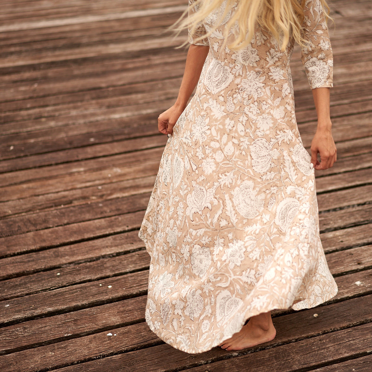 Navya Cream Floral Cotton Umbrella Maxi Dress – side view