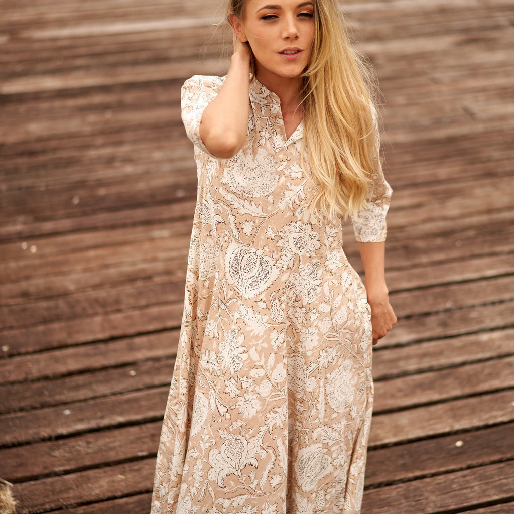 Navya Cream Floral Cotton Umbrella Maxi Dress – front view