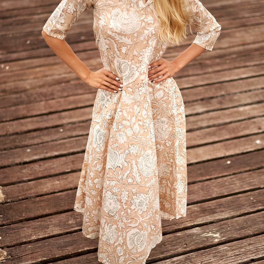 Navya Cream Floral Cotton Umbrella Maxi Dress – back view