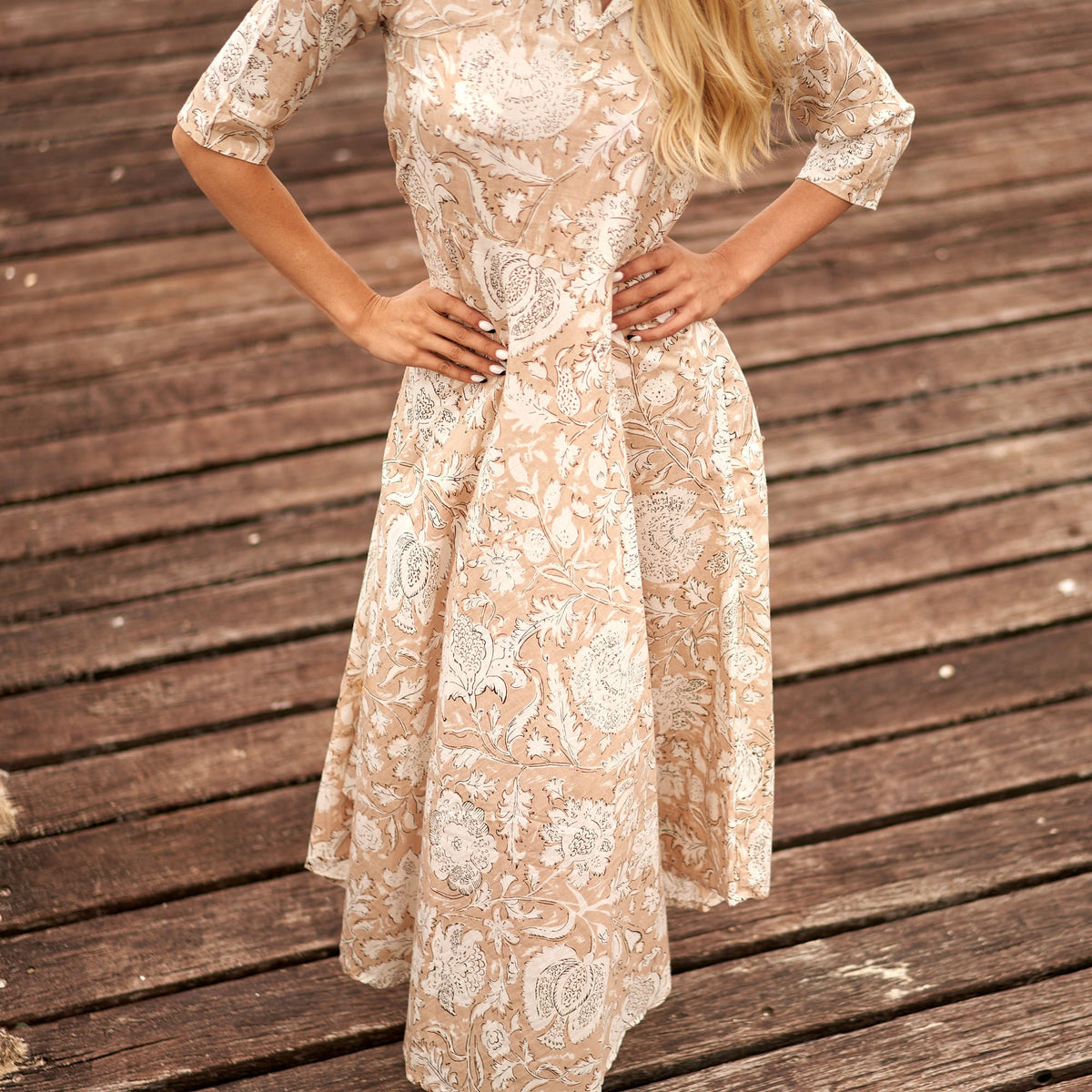 Navya Cream Floral Cotton Umbrella Maxi Dress – back view