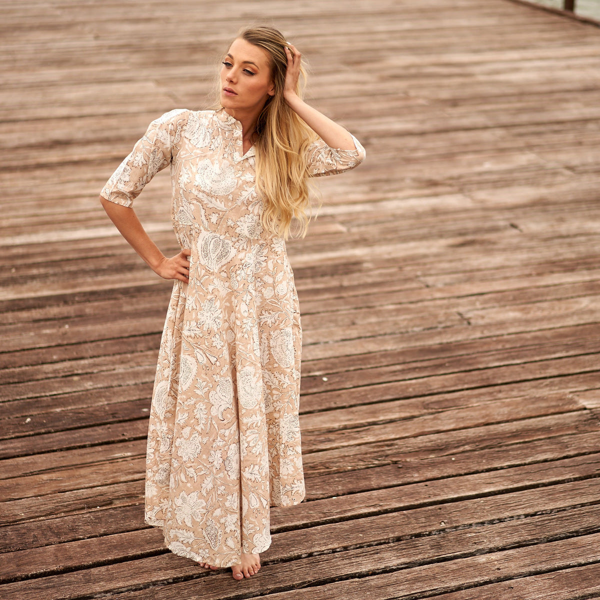 Navya Cream Floral Cotton Umbrella Maxi Dress – print detail