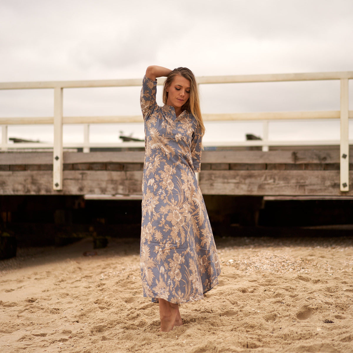 Nisha Periwinkle Floral Cotton Umbrella Maxi Dress – print detail