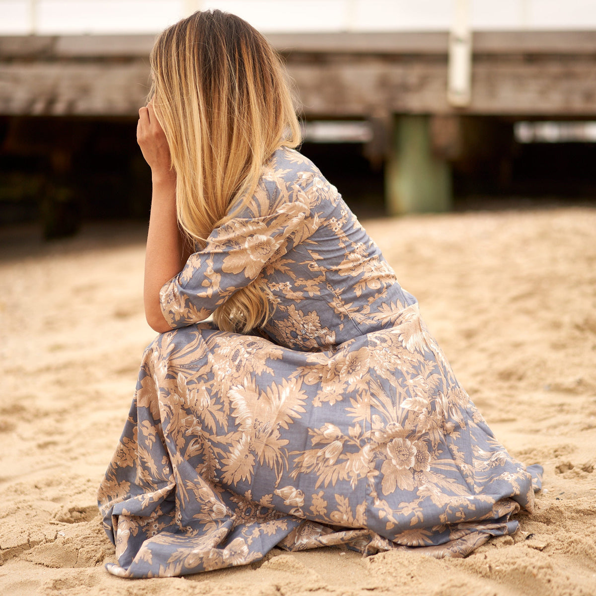Nisha Periwinkle Floral Cotton Umbrella Maxi Dress – front view