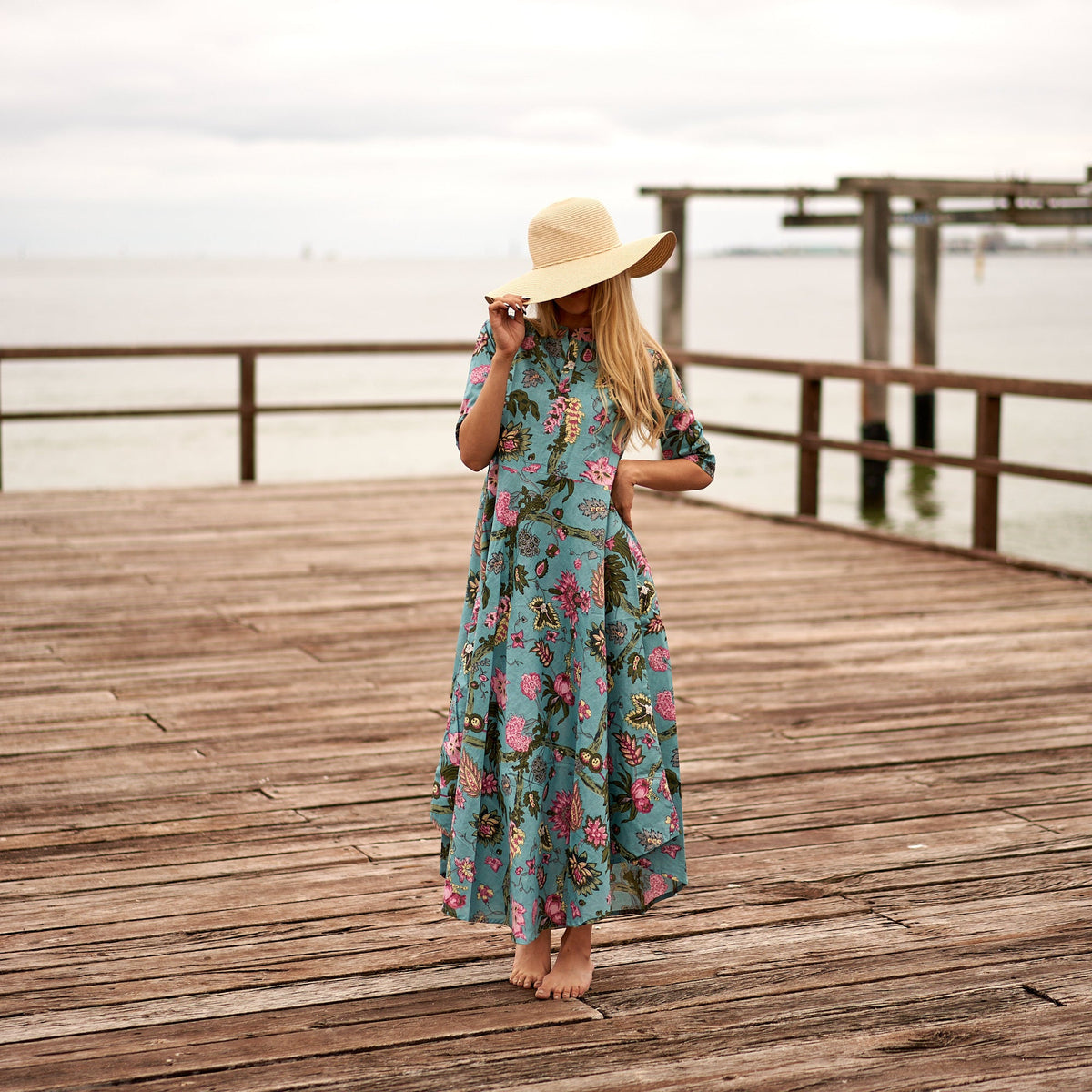 Padma Turquoise Floral Cotton Umbrella Maxi Dress – front view