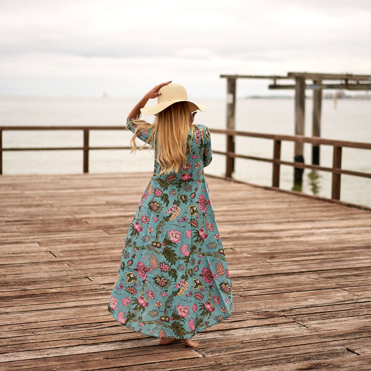 Padma Turquoise Floral Cotton Umbrella Maxi Dress – print detail