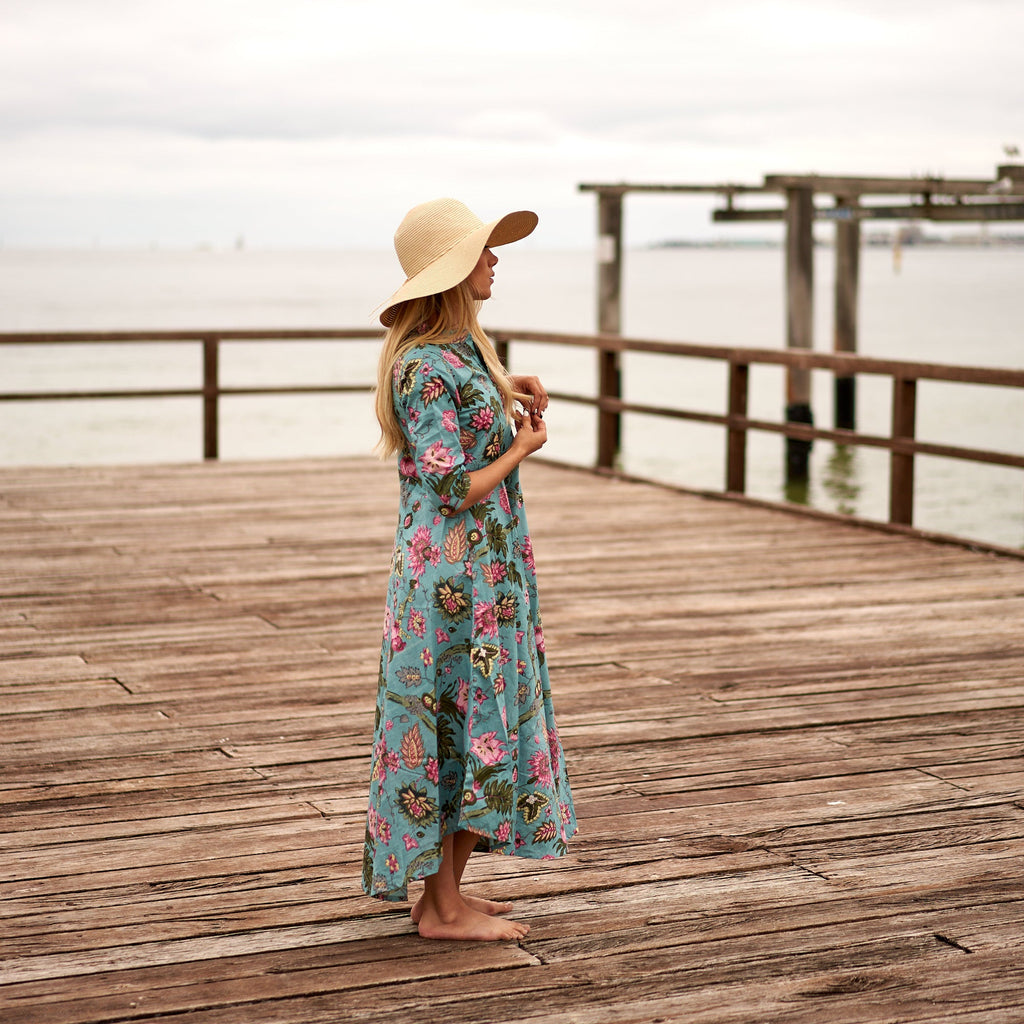 Padma Turquoise Floral Cotton Umbrella Maxi Dress – side view