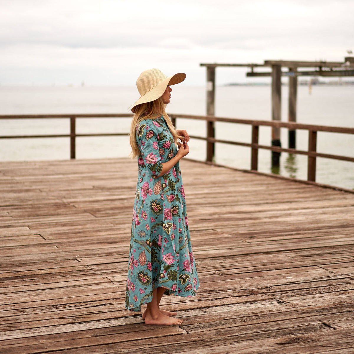 Padma Turquoise Floral Cotton Umbrella Maxi Dress – side view