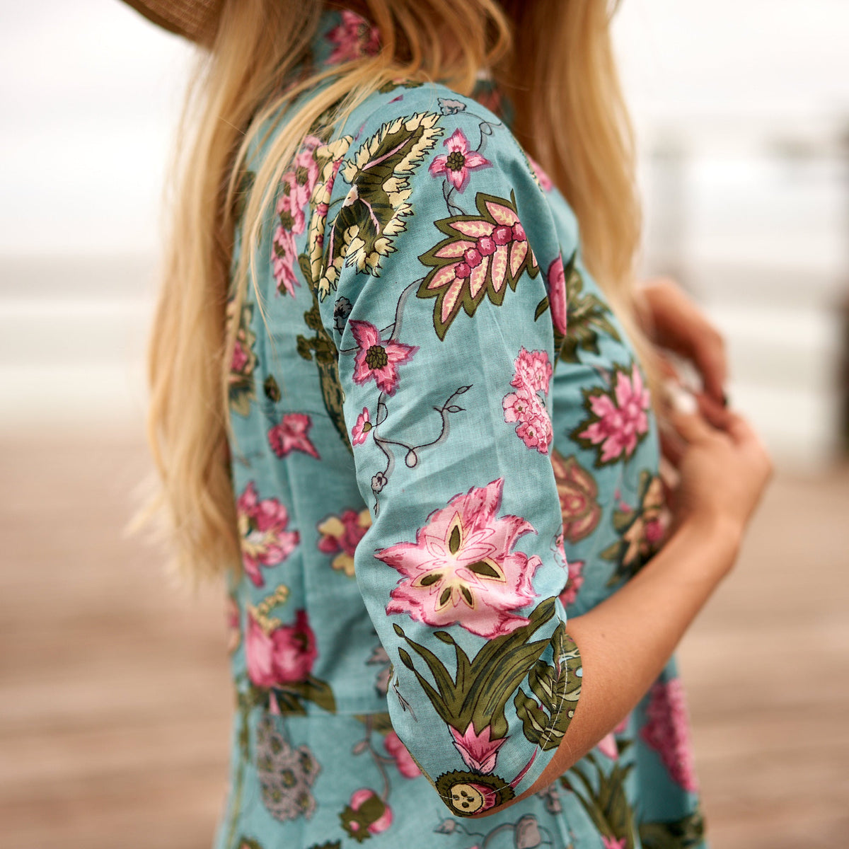 Padma Turquoise Floral Cotton Umbrella Maxi Dress – back view