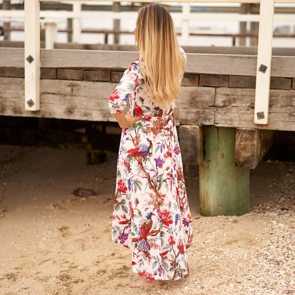 Pallavi Island Bird Cotton Umbrella Maxi Dress – print detail