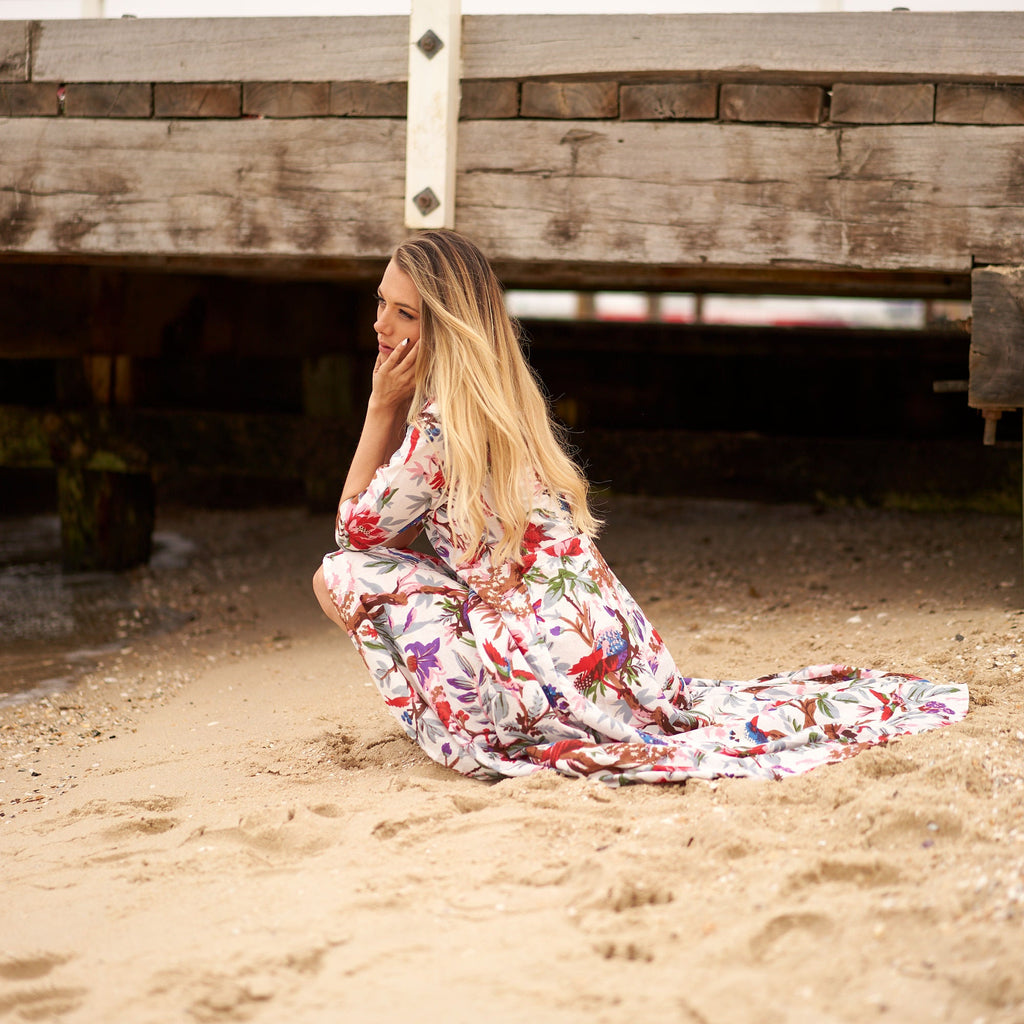 Pallavi Island Bird Cotton Umbrella Maxi Dress – side view
