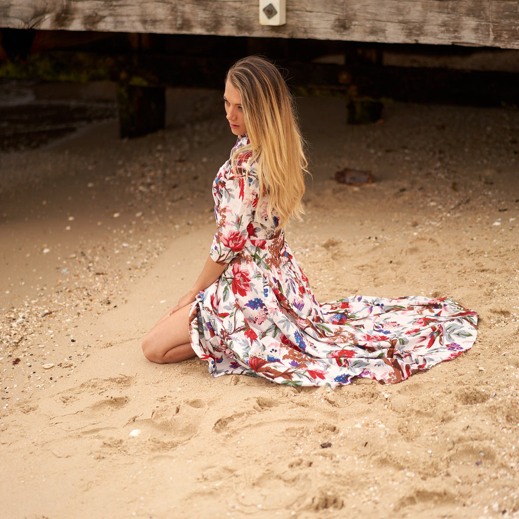 Pallavi Island Bird Cotton Umbrella Maxi Dress – back view