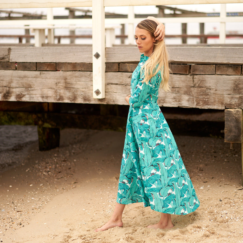 Pooja Tropical Leaf Cotton Umbrella Maxi Dress – print detail
