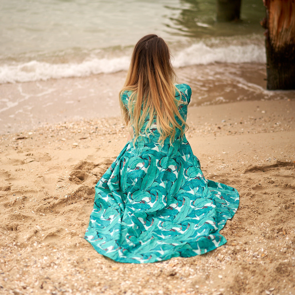 Pooja Tropical Leaf Cotton Umbrella Maxi Dress – back view