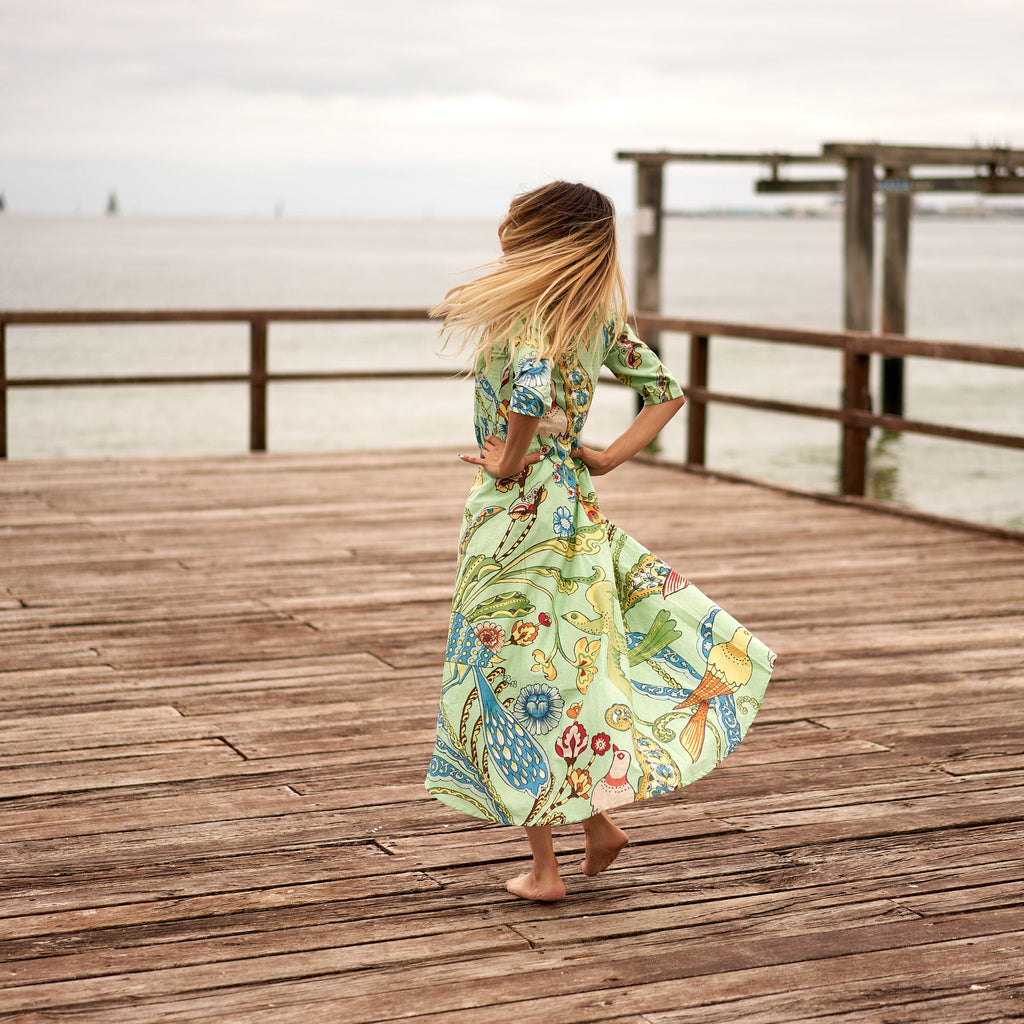 Priya Lime Parrot Cotton Umbrella Maxi Dress – front view