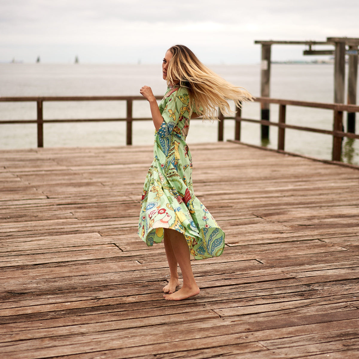 Priya Lime Parrot Cotton Umbrella Maxi Dress – print detail