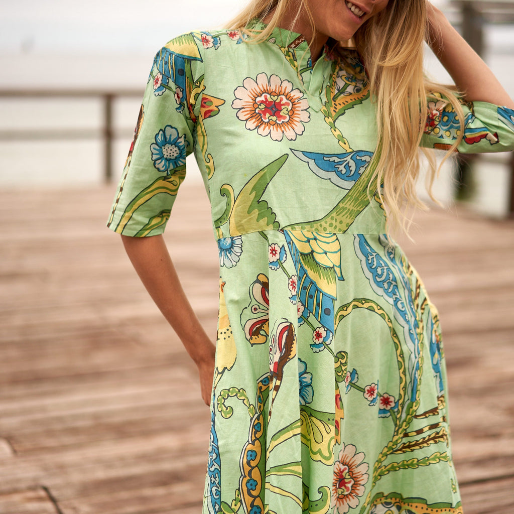 Priya Lime Parrot Cotton Umbrella Maxi Dress – side view