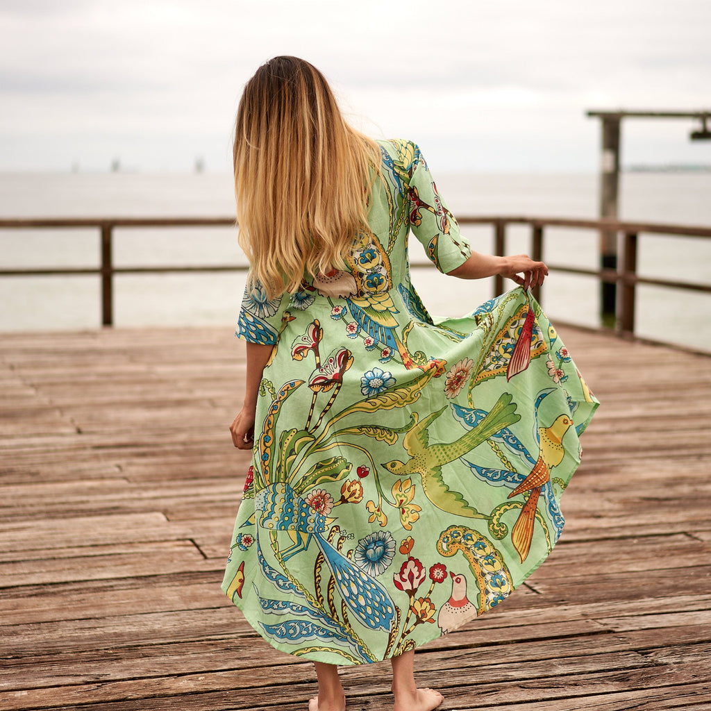 Priya Lime Parrot Cotton Umbrella Maxi Dress – back view