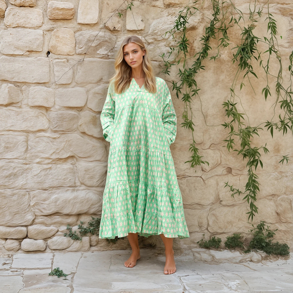 Mahika Mint Floral Cotton Maxi Dress – front view