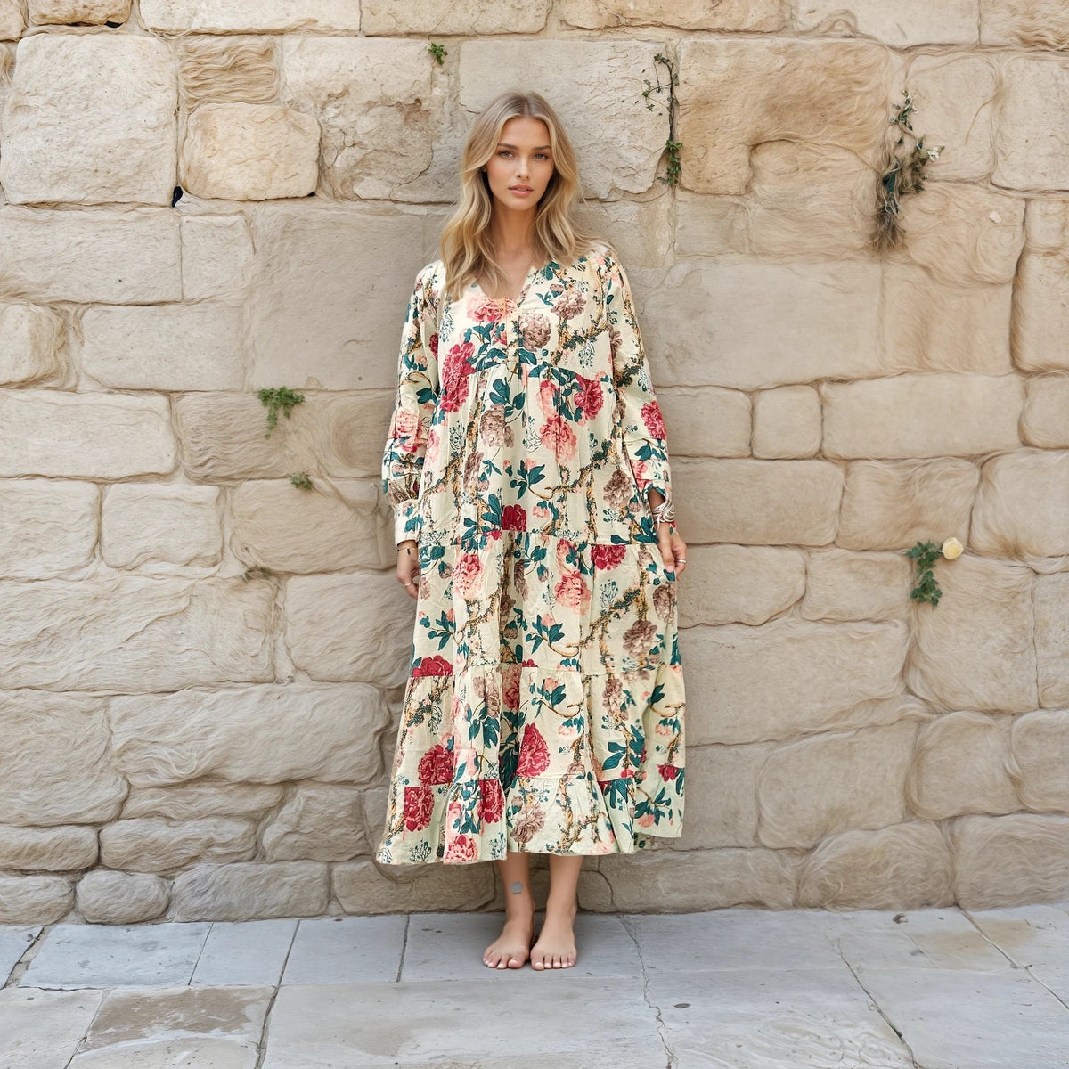Ria Resort Print Cotton Wrap Maxi Dress – front view
