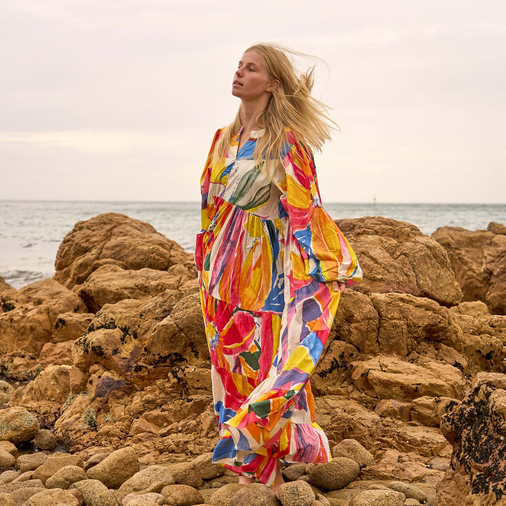 Zara Sunburst Abstract Cotton Maxi Dress – side view