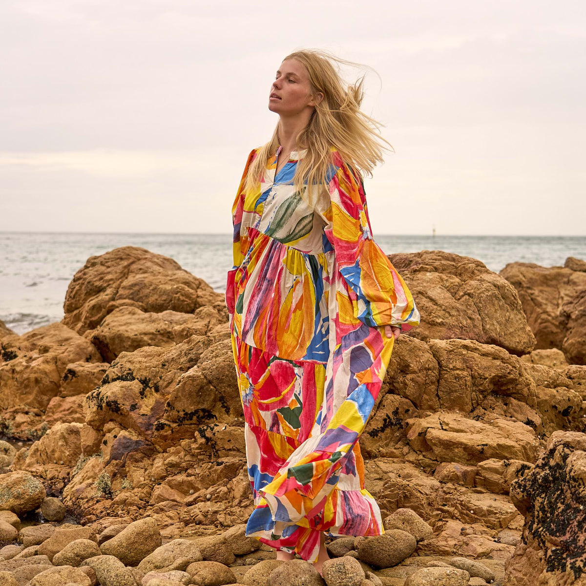 Zara Sunburst Abstract Cotton Maxi Dress – side view