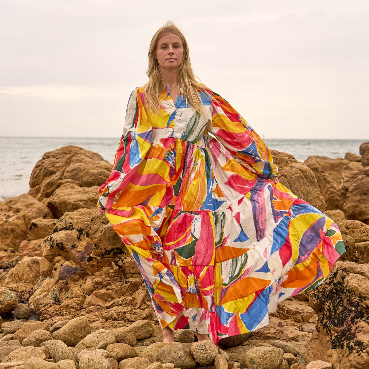 Zara Sunburst Abstract Cotton Maxi Dress – back view
