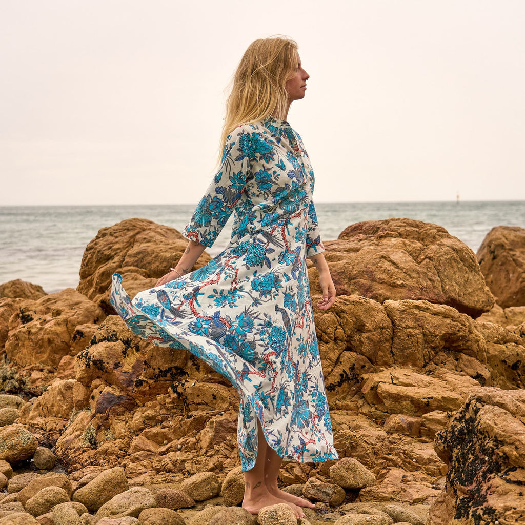 Sonal Blue Heron Cotton Maxi Dress – print detail