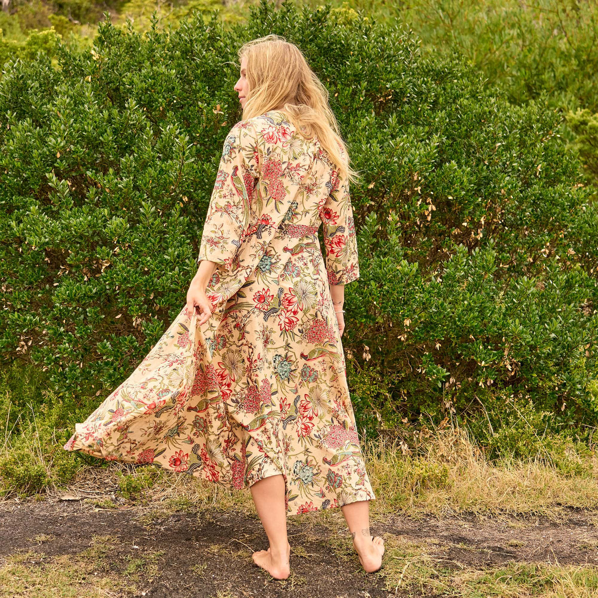 Suhana Beige Botanical Cotton Maxi Dress – side view