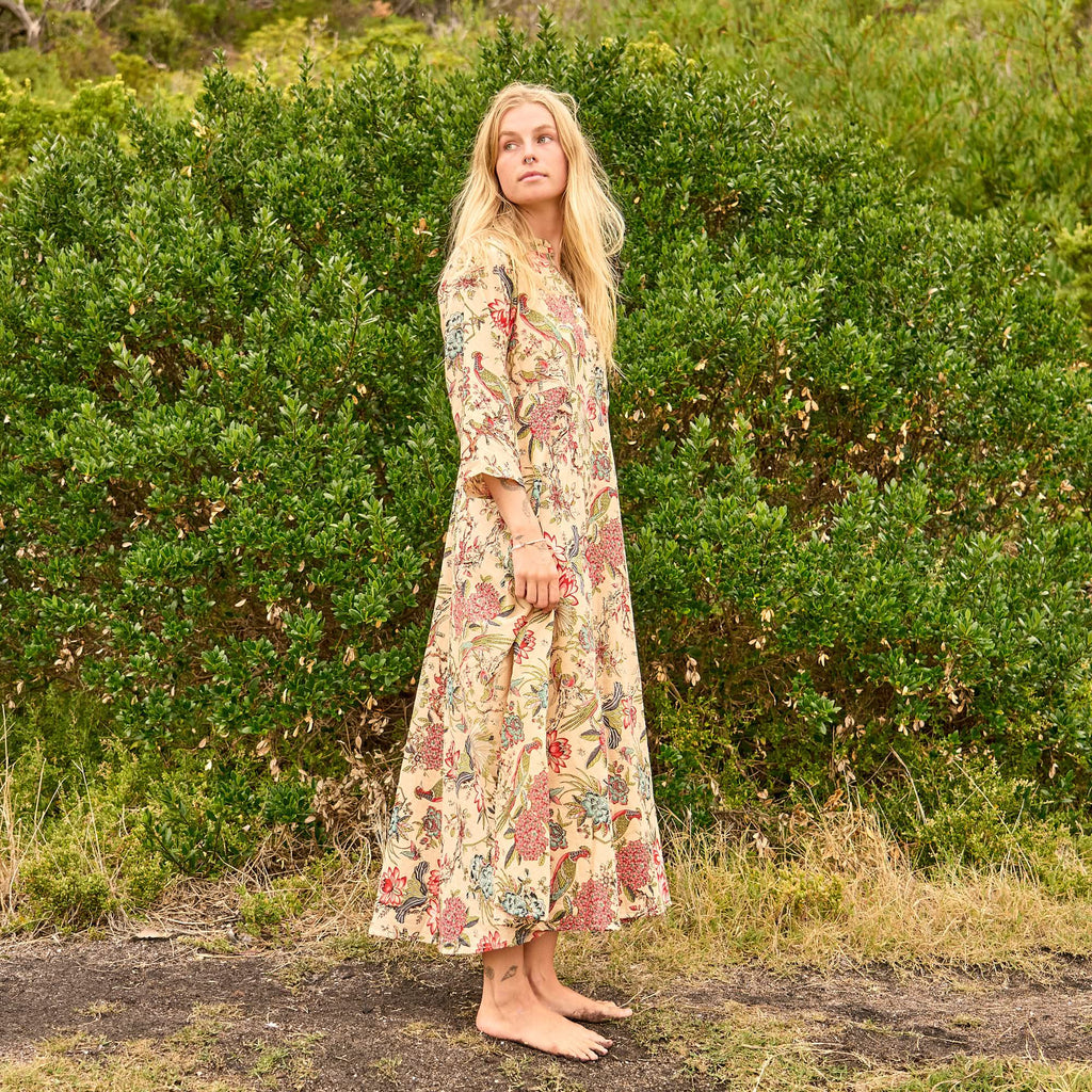 Suhana Beige Botanical Cotton Maxi Dress – front view