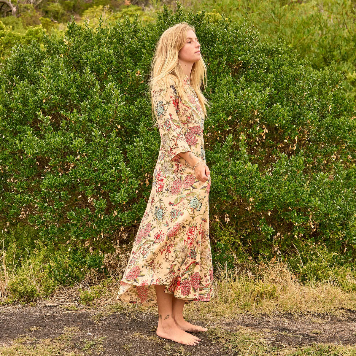 Suhana Beige Botanical Cotton Maxi Dress – back view