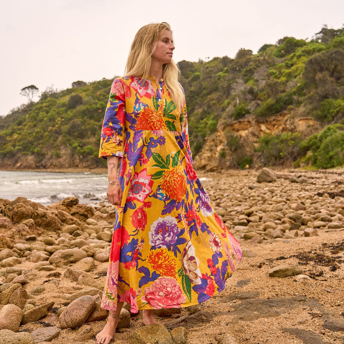 Tara Sunset Floral Cotton Maxi Dress – front view
