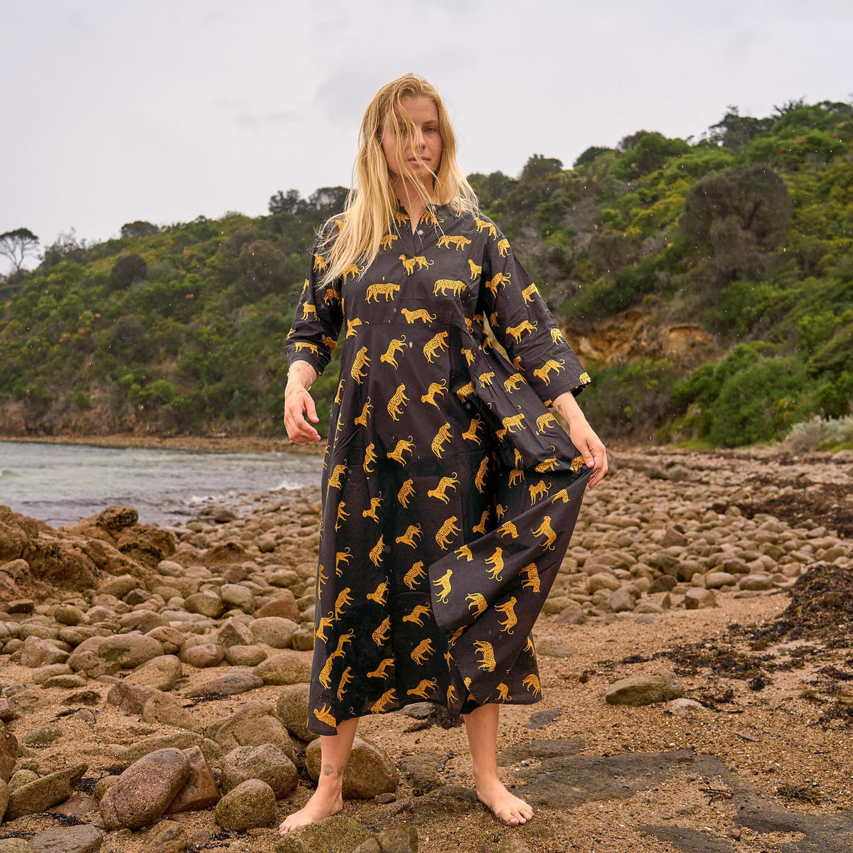 Tanvi Black & Gold Safari Cotton Maxi Dress – side view