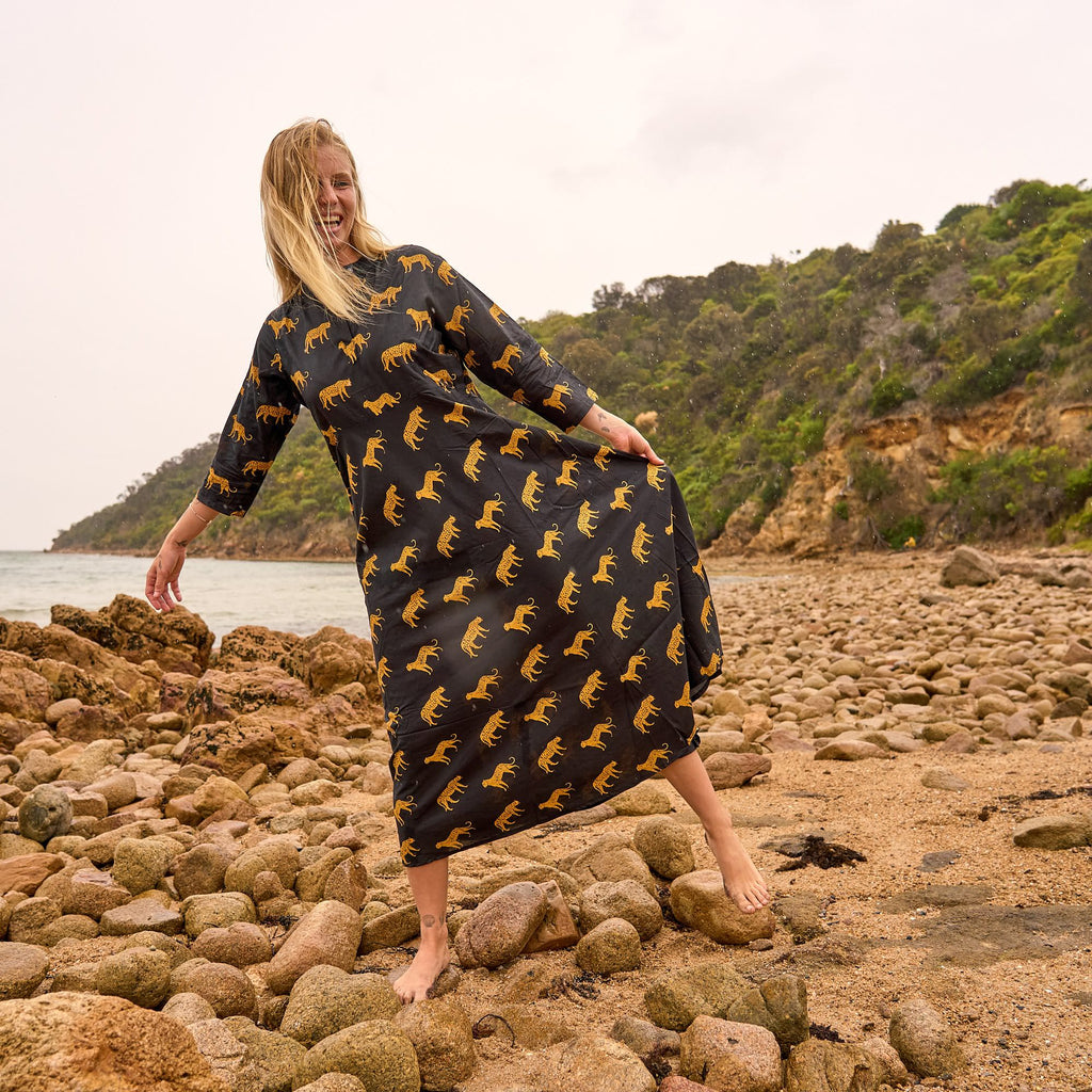 Tanvi Black & Gold Safari Cotton Maxi Dress – back view