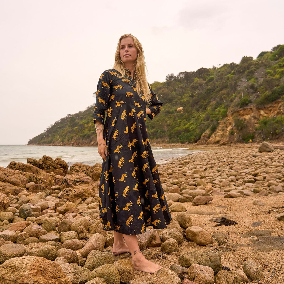 Tanvi Black & Gold Safari Cotton Maxi Dress – front view