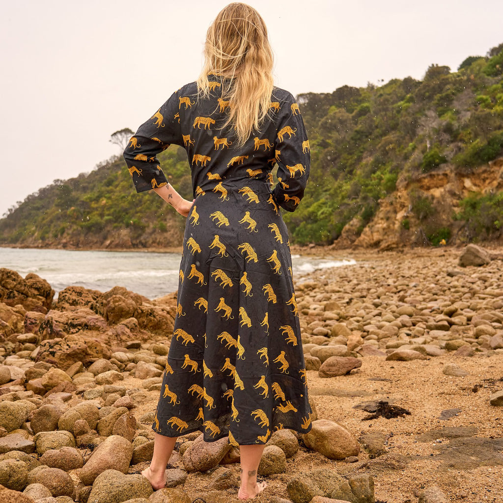 Tanvi Black & Gold Safari Cotton Maxi Dress – print detail